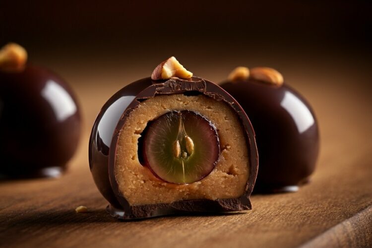 Bombom de Uva com Chocolate 70% e Pasta de Castanha