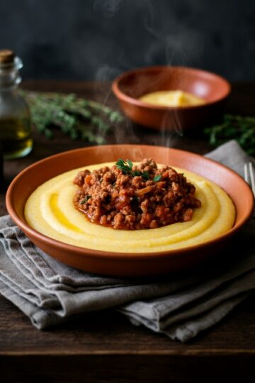 Polenta Cremosa com Molho de Carne Moída