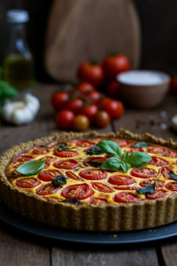 Quiche de Tomate Cereja com Manjericão e Massa de Grão-de-Bico